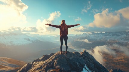 A woman feeling openness on a mountain peak with her arms outstretched. - Powered by Adobe