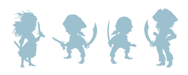 Pirate silhouettes. Set of corsair boys and girl shadows. Hand drawn cartoon buccaneer children characters. Isolated watercolor illustration for children pirate party decoration and prints design