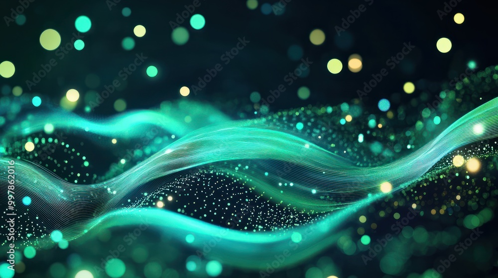 Wall mural abstract futuristic background with green blue glowing neon moving high speed wave lines and bokeh lights. Data transfer concept Fantastic wallpaper, Ai Generative