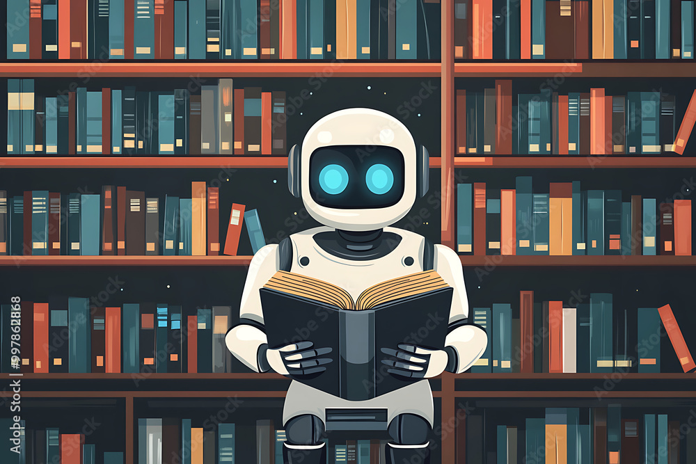 Poster a robot reading a book in a library filled with colorful bookshelves.