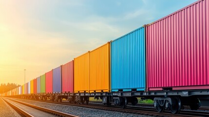 Obraz premium Seamless Logistics: Colorful Train Carriages with Shipping Containers at Busy Hub