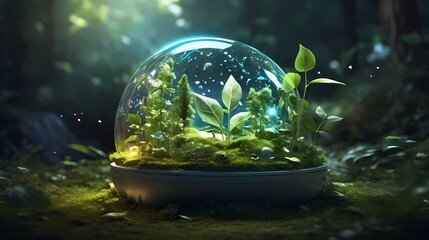 Futuristic eco-concept with a glowing recycling symbol above lush greenery. Clean energy icons hover around in a sunlit forest setting, symbolizing the balance of nature and technological innovation.
