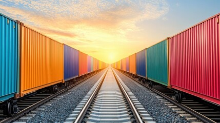 Fototapeta premium Colorful Shipping Containers in Multiple Train Carriages at Busy Logistics Hub with Cargo Handling Activities