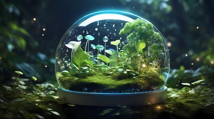 Eco-friendly scene showcasing a glowing recycling symbol floating above greenery. Surrounding icons of clean energy and technology emphasize sustainability and innovation in a natural forest concept.
