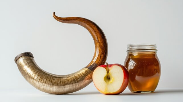 A shofar, apple, and honey jar on a white background, symbolizing the Jewish holiday of Rosh Hashanah. Photo on an isolated white background.