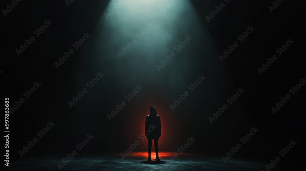 Poster in a dark room, a solitary figure is highlighted by a single spotlight, creating an atmosphere of fe