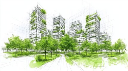 Eco-friendly buildings showcased in a sustainable city environment. 