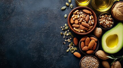 Healthy Fats Food Selection Featuring Avocado, Nuts, Seeds, and Olive Oil