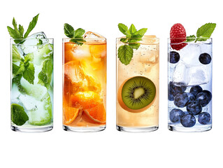 Four refreshing summer drinks with fruit and mint garnishes in tall glasses.