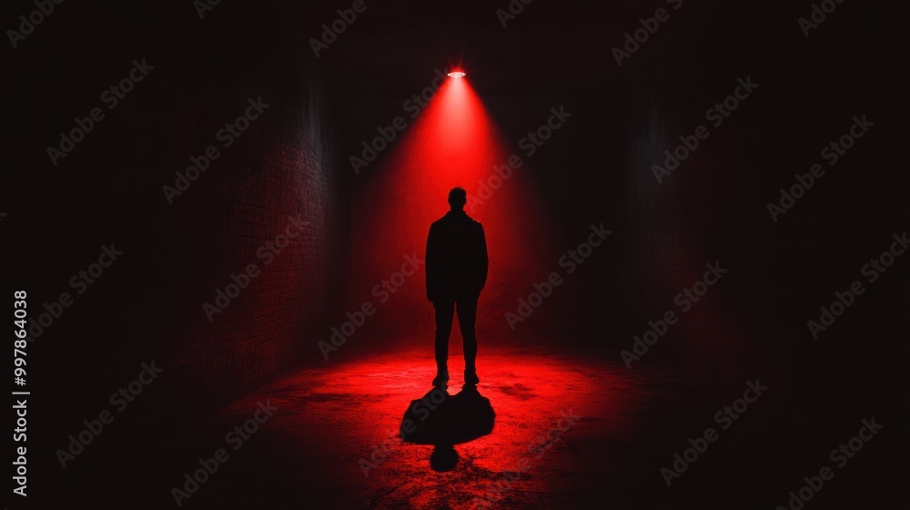 Poster in a dimly lit room, a shadowy figure is highlighted by a single spotlight, creating an atmosphere o