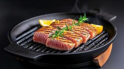 Close-up of seared tuna on a grill, sizzling with citrus glaze, seafood grilled food