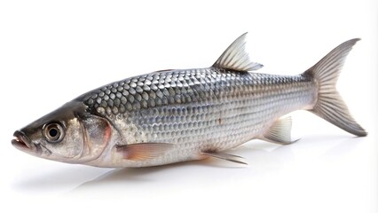 Obraz premium Extreme close-up of grey mullet fish isolated on white background, selective focus