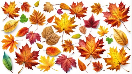 Vibrant Autumn Leaves Clip Art Collection showcasing colorful, falling leaves in diverse shapes and sizes, perfect for