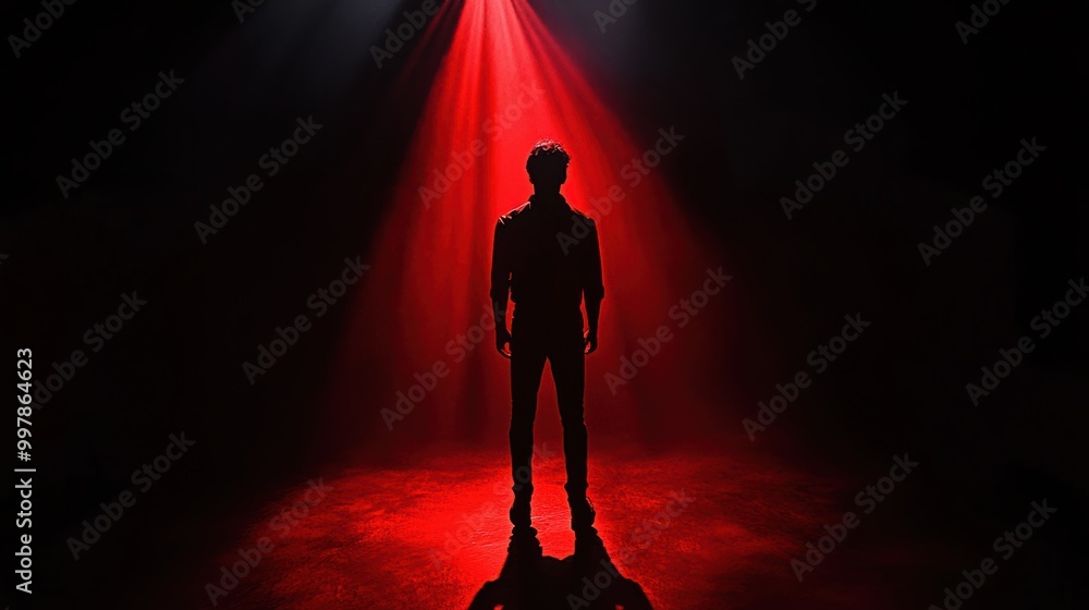 Poster In a dimly lit space, a lone figure casts a long shadow while bathed in eerie red light, creating a tense and suspenseful atmosphere. Generative AI