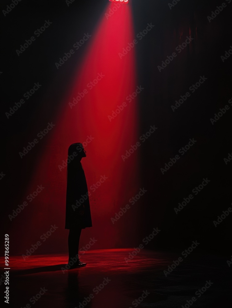 Poster In a dimly lit space, a shadowy figure is highlighted by a red spotlight, creating an intense atmosphere charged with fear. Generative AI