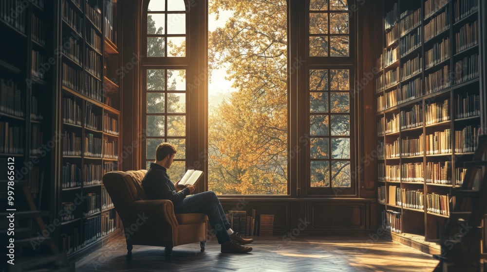 Poster A man sits in a large armchair in a library, engrossed in reading a book. He is positioned by a window with a view of fall foliage