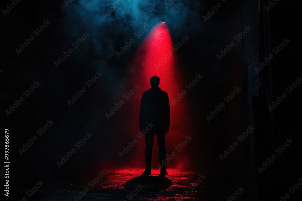 Poster in a dimly lit space, a lone figure is cast in shadow, highlighted by a vibrant red light, evoking f