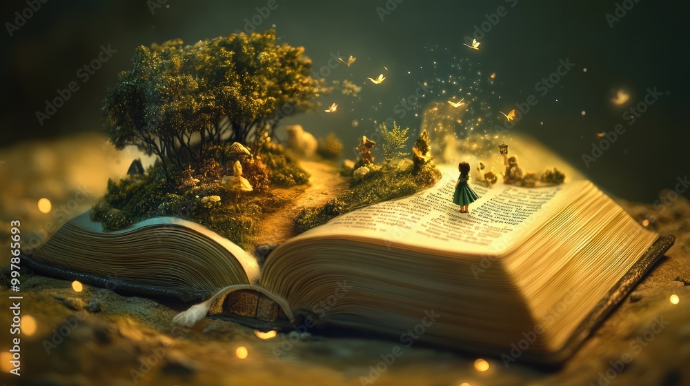 Wall mural illustrate a magical world hidden within the pages of a book, with characters and scenes coming to l