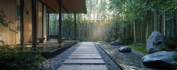 A secluded bamboo courtyard with minimalist Japanese aesthetics, stone pathways, and a tranquil water feature providing a soothing soundscape