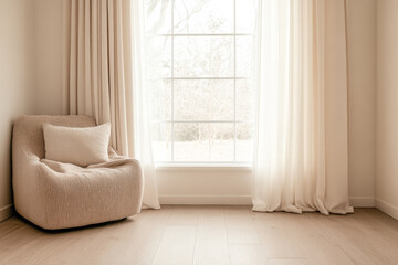 Fototapeta premium Cozy reading nook with plush chair and large window providing natural light in a serene room setting