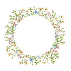 Light meadow flowers and green leaves on a frame. Watercolor digital illustration. Wild flowers frame a round postcard, isolated on a background. Watercolor flowers and fragile leaves and twigs