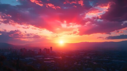 Obraz premium Sunset highlights glass skyscrapers in a beautifully lit urban skyline