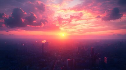 Urban skyline bathed in sunset, glass skyscrapers gleaming in the light