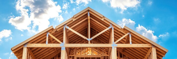 Obraz premium View of the blue sky and gabled roof of a stick-built house under construction. Brand-new roof with a post-and-beam, timber truss structure. A house with a timber frame.