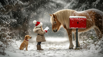 A little girl standing in the snow with a letter to Santa. Cozy winter outfit with a fluffy hat and mittens, accompanied by her loyal pony and a small dog. Red mailbox, magical atmosphere. 