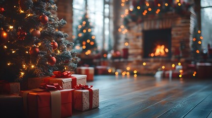Christmas tree with glowing lights and gift boxes, cozy holiday background