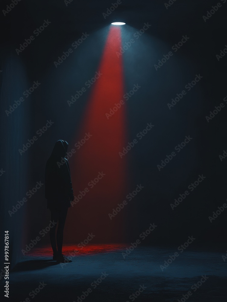 Aufkleber In a dimly lit room, a lone figure is cast in dramatic light, evoking feelings of fear and suspense amidst deep shadows and intense colors. Generative AI