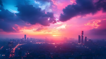 Skyscrapers with glass facades reflecting the beauty of the setting sun