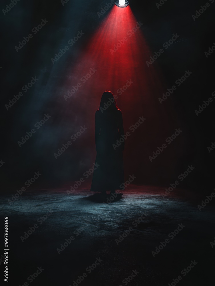 Poster a solitary figure emerges in a dimly lit room, surrounded by swirling shadows and deep colors, ampli