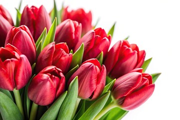 Obraz premium Extreme close-up of red tulips bouquet on white background