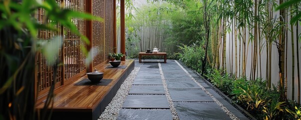 A serene Asian-inspired terrace with a slate tile walkway, bamboo screens for privacy, and a simple tea ceremony setup