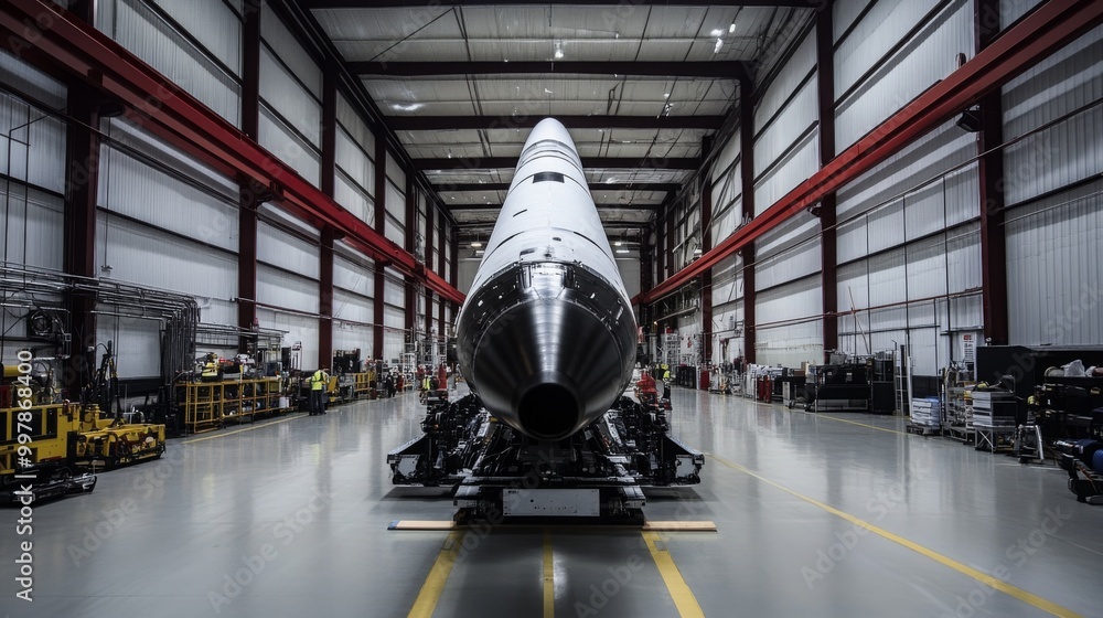 Poster a large rocket is positioned on a launch pad within a high-tech facility, surrounded by tools and eq