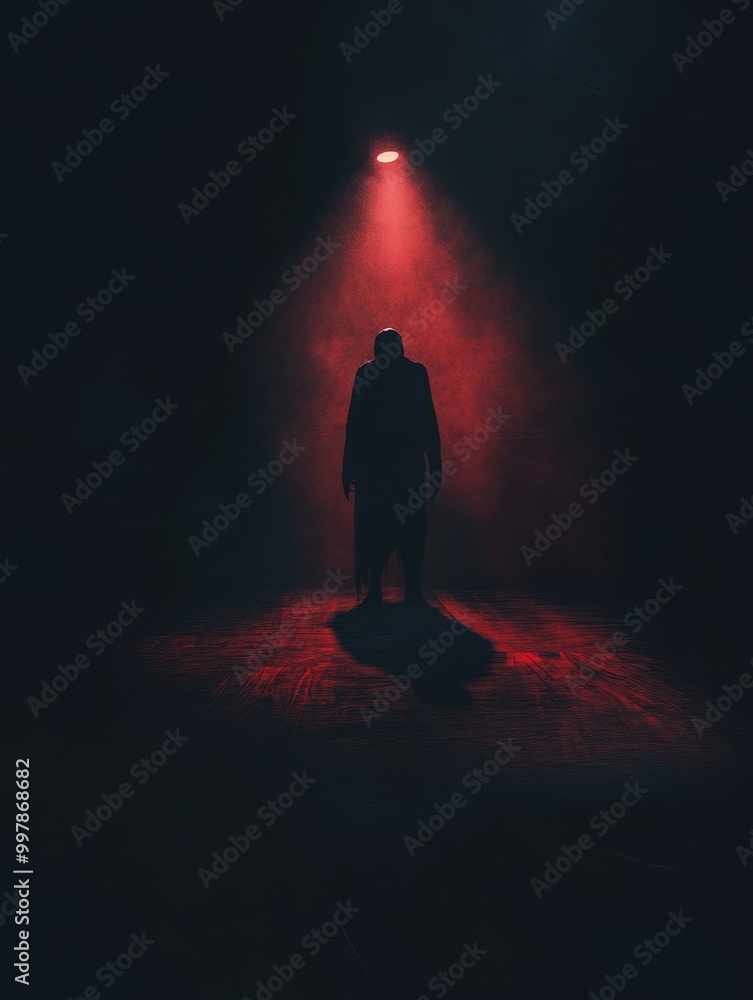 Poster in a dimly lit room, an ominous figure emerges under a single red spotlight, creating an atmosphere 