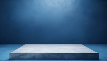 Studio with podium for product presentation. Empty floor and blue wall with stand. 3D room with gradient background. Countertop with concrete or marble texture. studio presentation a product. 