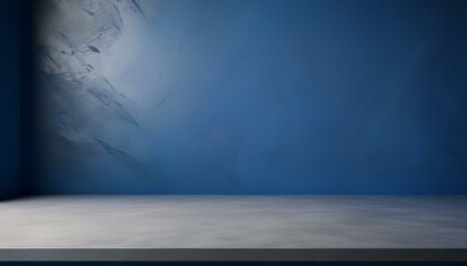 Studio with podium for product presentation. Empty floor and blue wall with stand. 3D room with gradient background. Countertop with concrete or marble texture. studio presentation a product. 