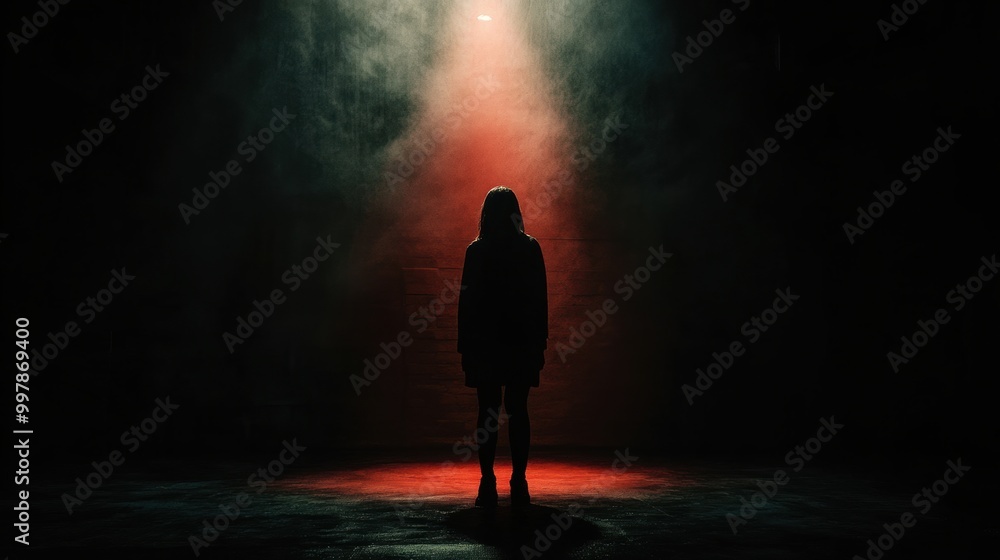 Poster a shadowy figure emerges in a dimly lit room, surrounded by deep colors, evoking a chilling sense of