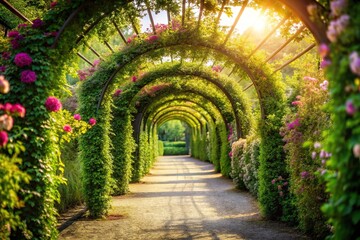 Extreme close-up of sunlit floral garden path with arched greenery tunnels