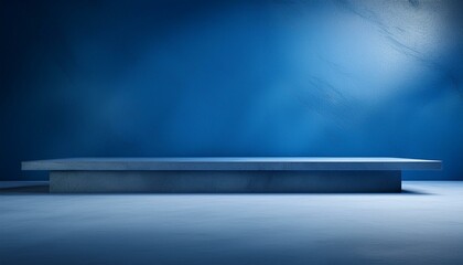 Studio with podium for product presentation. Empty floor and blue wall with stand. 3D room with gradient background. Countertop with concrete or marble texture. studio presentation a product. 