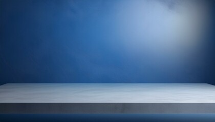 Studio with podium for product presentation. Empty floor and blue wall with stand. 3D room with gradient background. Countertop with concrete or marble texture. studio presentation a product. 