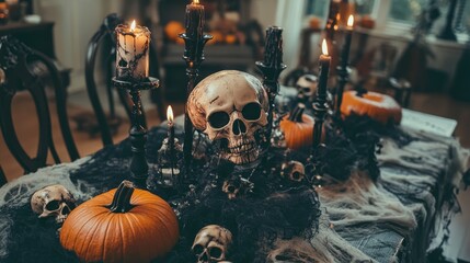 Fototapeta premium Eerie Halloween Table Setting with Skulls, Pumpkins, and Black Candles Surrounded by Cobwebs