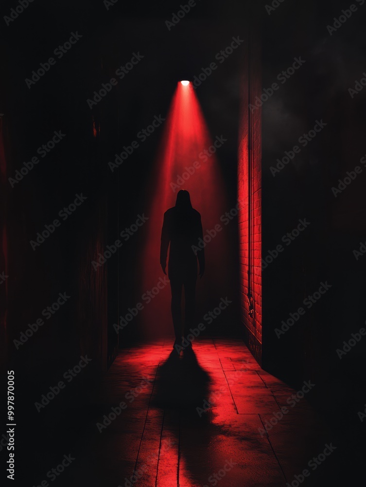 Aufkleber In a dimly lit space, a shadowy figure appears illuminated by a solitary red spotlight, creating an atmosphere of tension and unease. Generative AI