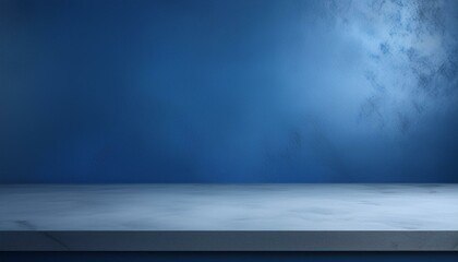 Studio with podium for product presentation. Empty floor and blue wall with stand. 3D room with gradient background. Countertop with concrete or marble texture. studio presentation a product. 