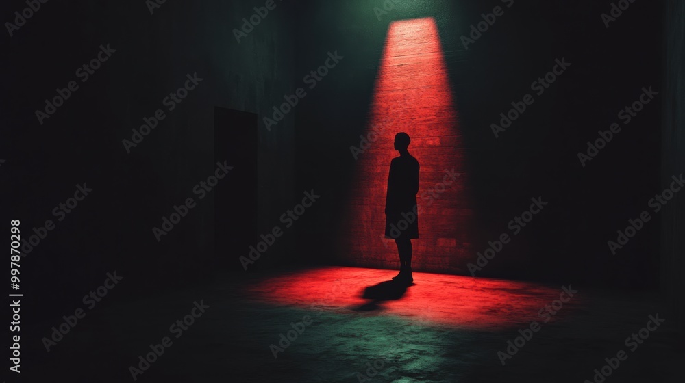 Leinwandbilder a dark room envelops a lone figure illuminated by a dramatic red spotlight, creating a chilling atmo