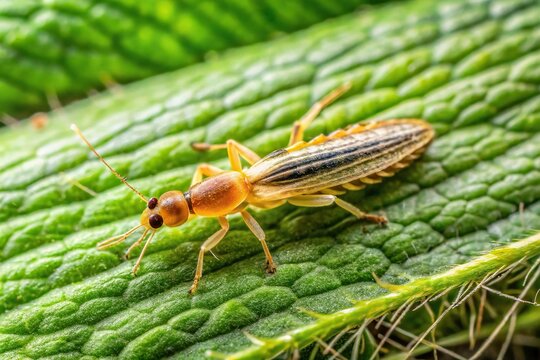 Extreme close-up of Western flower thrips Frankliniella occidentali on spice leaf