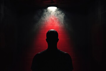 In a dimly lit room, a lone figure is highlighted by a spotlight, surrounded by deep black and red hues, evoking feelings of suspense. Generative AI