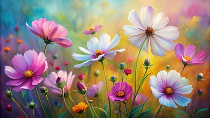 Extreme close-up oil painting of colorful cosmos flowers on canvas